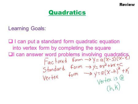 Quadratics Learning Goals: