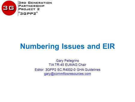 Numbering Issues and EIR Gary Pellegrino TIA TR-45 EUMAG Chair Editor: 3GPP2 SC.R4002-0 GHA Guidelines