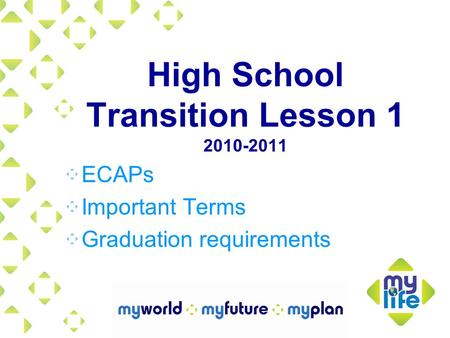 High School Transition Lesson 1 2010-2011 ECAPs Important Terms Graduation requirements.
