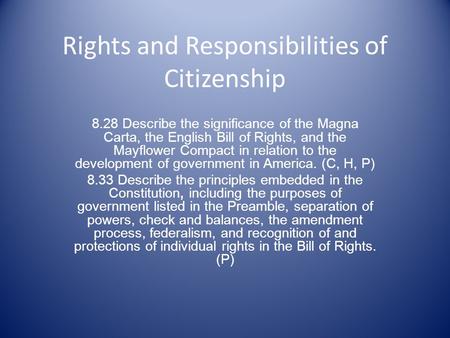 Rights and Responsibilities of Citizenship 8.28 Describe the significance of the Magna Carta, the English Bill of Rights, and the Mayflower Compact in.