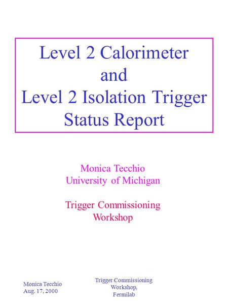 Trigger Commissioning Workshop, Fermilab Monica Tecchio Aug. 17, 2000 Level 2 Calorimeter and Level 2 Isolation Trigger Status Report Monica Tecchio University.