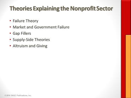 © 2014 SAGE Publications, Inc. Theories Explaining the Nonprofit Sector Failure Theory Market and Government Failure Gap Fillers Supply-Side Theories Altruism.