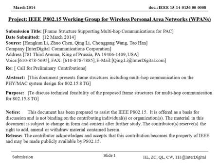 March 2014doc.: IEEE 15-14-0136-00-0008 Submission HL, ZC, QL, CW, Slide 1 Project: IEEE P802.15 Working Group for Wireless Personal Area.