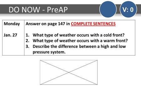 DO NOW - PreAP V: 0 Monday Jan. 27 Answer on page 147 in COMPLETE SENTENCES 1.What type of weather occurs with a cold front? 2.What type of weather occurs.