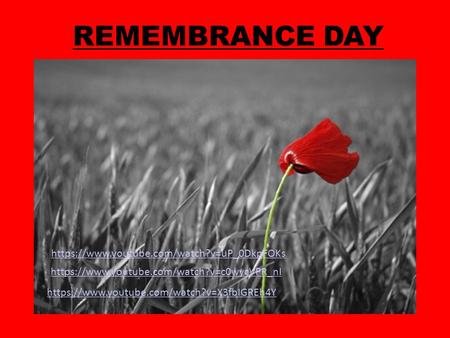 REMEMBRANCE DAY https://www.youtube.com/watch?v=X3fbIGREh4Y https://www.youtube.com/watch?v=c0wycVPR_nI https://www.youtube.com/watch?v=uP_0DkpFOKs.