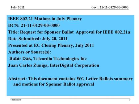Doc.: 21-11-0129-00-0000 Submission1 IEEE 802.21 Motions in July Plenary DCN: 21-11-0129-00-0000 Title: Request for Sponsor Ballot Approval for IEEE 802.21a.