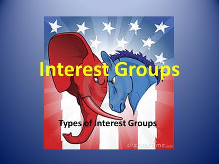Interest Groups Types of Interest Groups. Interest Groups A-Z There are thousands of interest groups in the U.S. at all levels of society. Size = some.