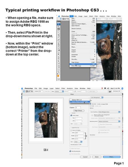 Typical printing workflow in Photoshop CS3... When opening a file, make sure to assign Adobe RBG 1998 as the working RBG space. Then, select File/Print.