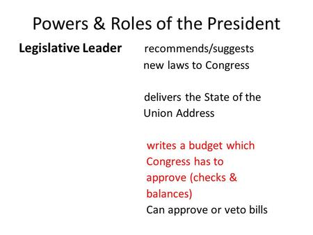 Powers & Roles of the President Legislative Leader recommends/suggests new laws to Congress delivers the State of the Union Address writes a budget which.