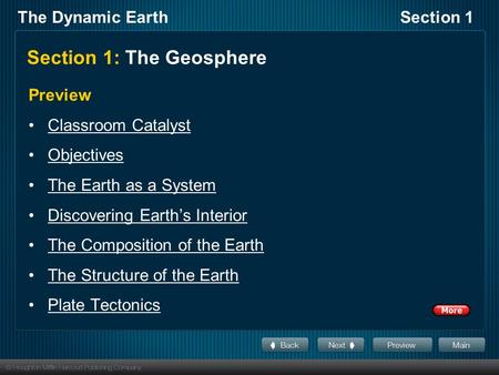 The Dynamic EarthSection 1 Section 1: The Geosphere Preview Classroom Catalyst Objectives The Earth as a System Discovering Earth’s Interior The Composition.
