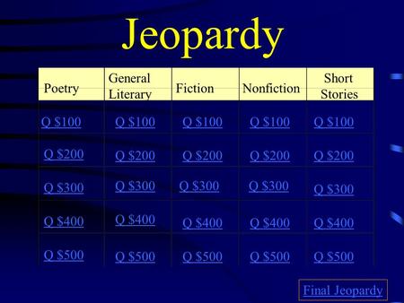Jeopardy Poetry General Literary FictionNonfiction Short Stories Q $100 Q $200 Q $300 Q $400 Q $500 Q $100 Q $200 Q $300 Q $400 Q $500 Final Jeopardy.