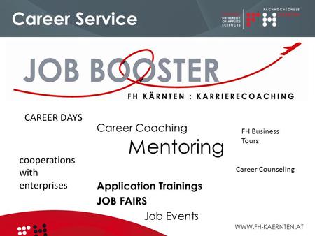 WWW.FH-KAERNTEN.AT Career Service Career Coaching Mentoring Application Trainings JOB FAIRS Job Events FH Business Tours Career Counseling cooperations.