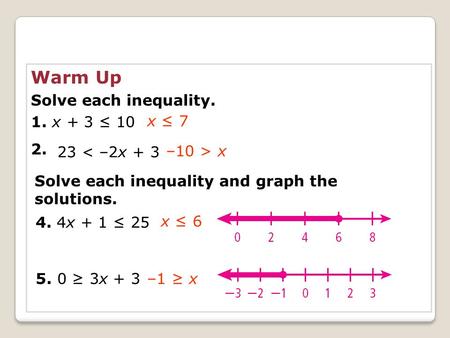 Warm Up Solve each inequality. 1. x + 3 ≤ x ≤ 7 23 < –2x + 3
