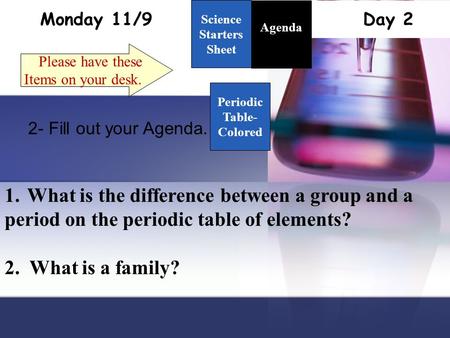 Monday 11/9 Day 2 Science Starters Sheet 1. Please have these Items on your desk. Agenda 2- Fill out your Agenda. 1.What is the difference between a group.