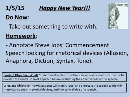 Happy New Year!!! 1/5/15 Happy New Year!!! Do Now: - Take out something to write with. Homework: - Annotate Steve Jobs’ Commencement Speech looking for.