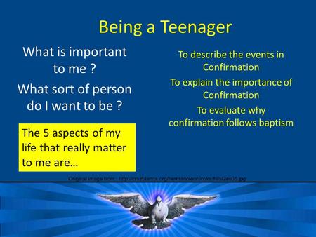 Being a Teenager What is important to me ? What sort of person do I want to be ? The 5 aspects of my life that really matter to me are… To describe the.