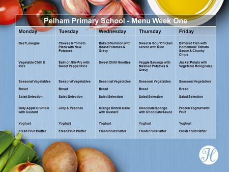 Pelham Primary School - Menu Week One MondayTuesdayWednesdayThursdayFriday Beef Lasagne Vegetable Chilli & Rice Seasonal Vegetables Bread Salad Selection.