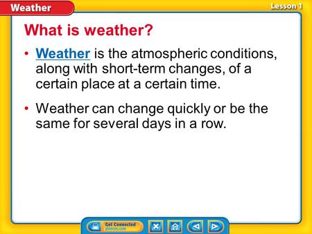 Lesson 1-1 Weather is the atmospheric conditions, along with short-term changes, of a certain place at a certain time.Weather Weather can change quickly.