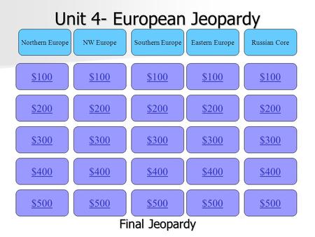 Unit 4- European Jeopardy $100 Northern EuropeNW EuropeSouthern EuropeEastern EuropeRussian Core $200 $300 $400 $500 $400 $300 $200 $100 $500 $400 $300.