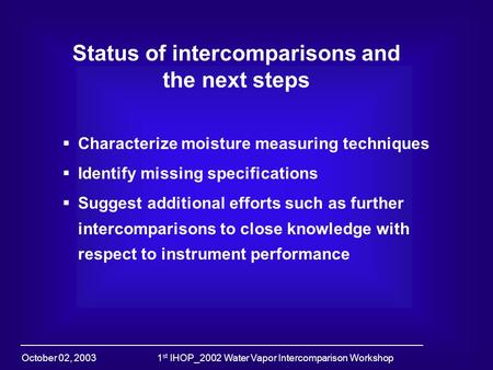 October 02, 20031 st IHOP_2002 Water Vapor Intercomparison Workshop Status of intercomparisons and the next steps  Characterize moisture measuring techniques.