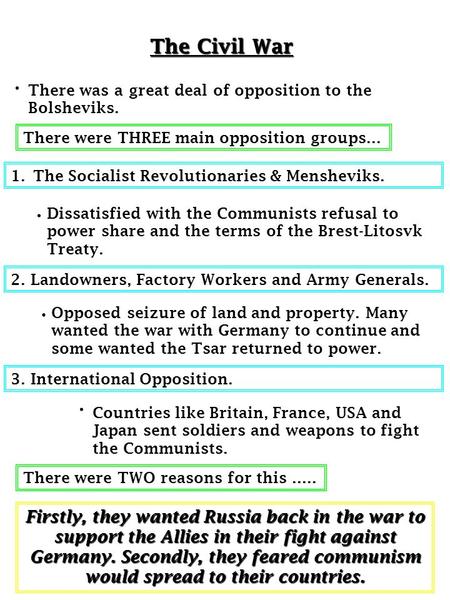 The Civil War Firstly, they wanted Russia back in the war to support the Allies in their fight against Germany. Secondly, they feared communism would spread.