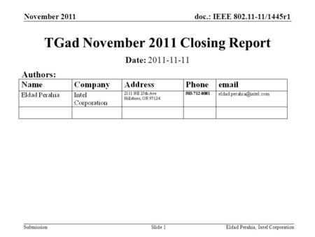 Doc.: IEEE 802.11-11/1445r1 Submission TGad November 2011 Closing Report November 2011 Eldad Perahia, Intel CorporationSlide 1 Date: 2011-11-11 Authors: