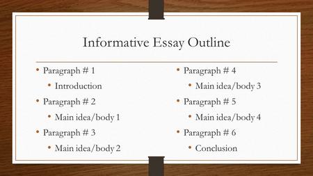 Informative Essay Outline Paragraph # 1 Introduction Paragraph # 2 Main idea/body 1 Paragraph # 3 Main idea/body 2 Paragraph # 4 Main idea/body 3 Paragraph.