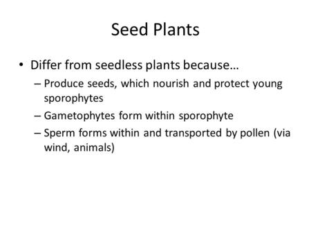 Differ from seedless plants because… – Produce seeds, which nourish and protect young sporophytes – Gametophytes form within sporophyte – Sperm forms within.