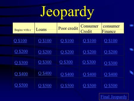 Jeopardy Begins with c Loans Poor credit Consumer Credit consumer Finance Q $100 Q $200 Q $300 Q $400 Q $500 Q $100 Q $200 Q $300 Q $400 Q $500 Final.