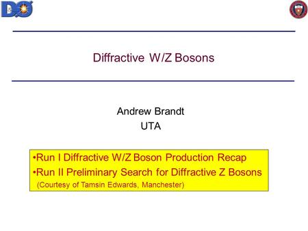 Diffractive W/Z Bosons Andrew Brandt UTA Run I Diffractive W/Z Boson Production Recap Run II Preliminary Search for Diffractive Z Bosons (Courtesy of Tamsin.