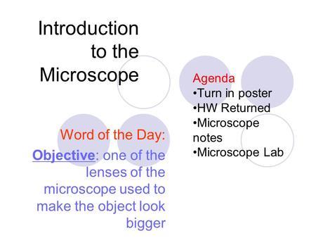 Introduction to the Microscope Word of the Day: Objective: one of the lenses of the microscope used to make the object look bigger Agenda Turn in poster.