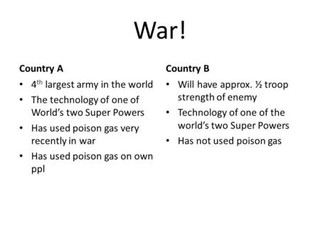 War! Country A 4 th largest army in the world The technology of one of World’s two Super Powers Has used poison gas very recently in war Has used poison.