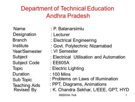 9EE605A.7to81 Department of Technical Education Andhra Pradesh Name Designation Branch Institute Year/Semester Subject Subject Code Topic Duration Sub.