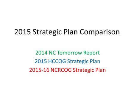 2015 Strategic Plan Comparison 2014 NC Tomorrow Report 2015 HCCOG Strategic Plan 2015-16 NCRCOG Strategic Plan.