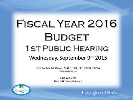 Christopher M. Quinn, MACC, CPA, CFE, CGFO, CGMA Finance Director Lina Williams Budget & Financial Analyst Wednesday, September 9 th 2015.