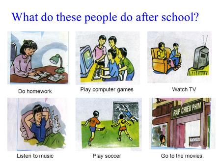 What do these people do after school? Do homework Play computer gamesWatch TV Go to the movies.Play soccerListen to music.