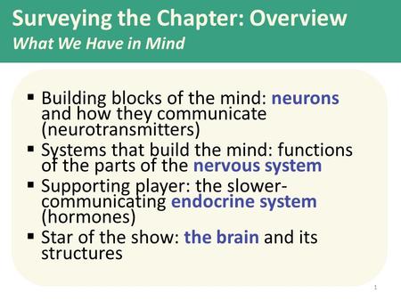 Surveying the Chapter: Overview What We Have in Mind  Building blocks of the mind: neurons and how they communicate (neurotransmitters)  Systems that.