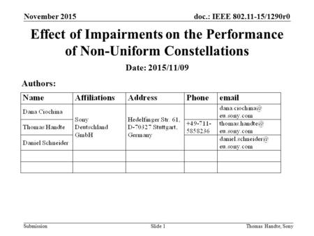 Doc.: IEEE 802.11-15/1290r0 Submission November 2015 Thomas Handte, SonySlide 1 Effect of Impairments on the Performance of Non-Uniform Constellations.