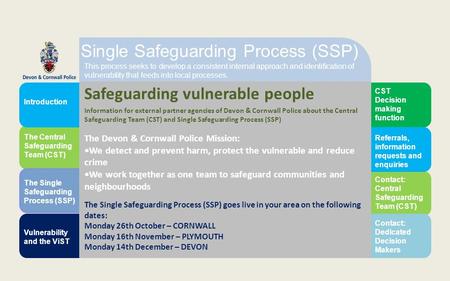Single Safeguarding Process (SSP) Safeguarding vulnerable people The Single Safeguarding Process (SSP) goes live in your area on the following dates: Monday.