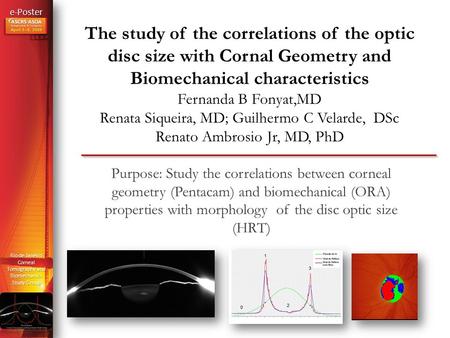 E-Poster Rio de Janeiro Corneal Tomography and Biomechanics Study Group The study of the correlations of the optic disc size with Cornal Geometry and Biomechanical.
