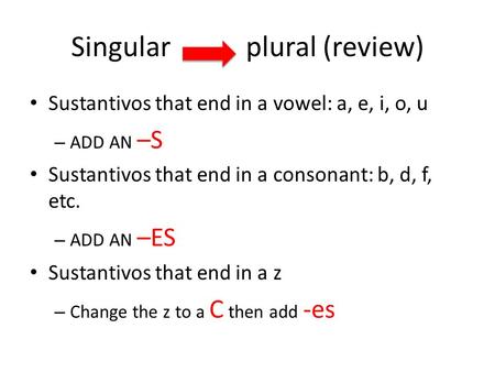 Singular plural (review) Sustantivos that end in a vowel: a, e, i, o, u – ADD AN –S Sustantivos that end in a consonant: b, d, f, etc. – ADD AN –ES Sustantivos.
