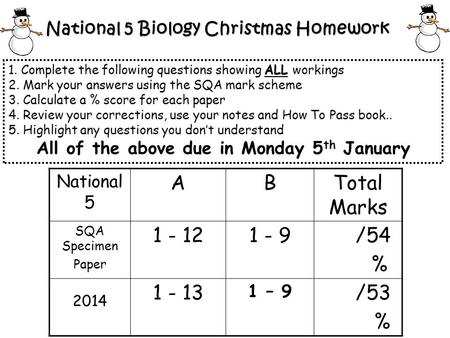 National 5 Biology Christmas Homework ALL 1. Complete the following questions showing ALL workings 2. Mark your answers using the SQA mark scheme 3. Calculate.