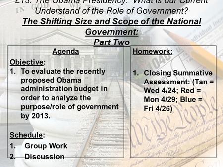L13: The Obama Presidency: What is our Current Understand of the Role of Government? The Shifting Size and Scope of the National Government: Part Two Agenda.