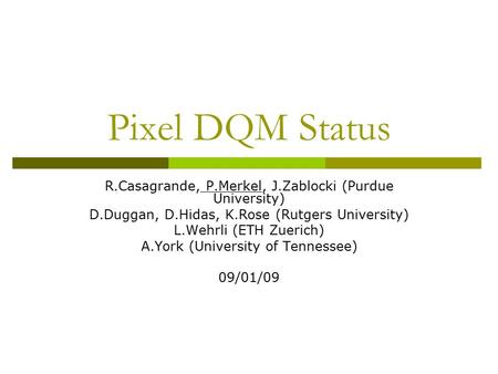 Pixel DQM Status R.Casagrande, P.Merkel, J.Zablocki (Purdue University) D.Duggan, D.Hidas, K.Rose (Rutgers University) L.Wehrli (ETH Zuerich) A.York (University.