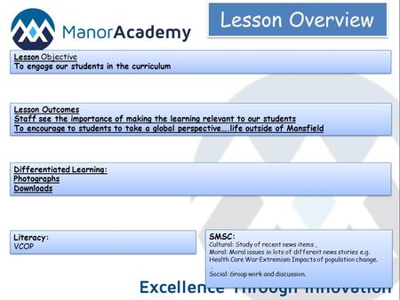 Lesson Overview Lesson Outcomes Staff see the importance of making the learning relevant to our students To encourage to students to take a global perspective….life.
