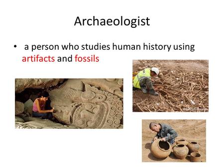 Archaeologist a person who studies human history using artifacts and fossils.