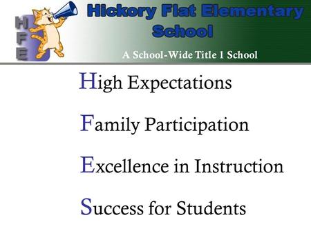 H igh Expectations F amily Participation E xcellence in Instruction S uccess for Students A School-Wide Title 1 School.