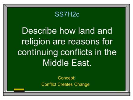 SS7H2c Describe how land and religion are reasons for continuing conflicts in the Middle East. Concept: Conflict Creates Change.
