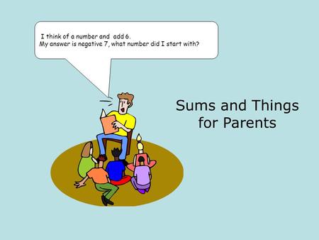 I think of a number and add 6. My answer is negative 7, what number did I start with? Sums and Things for Parents.