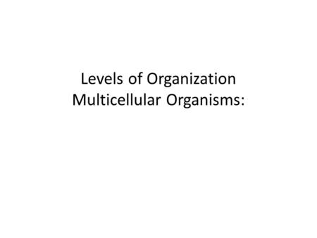Levels of Organization Multicellular Organisms: I. First Level: Cells Cells are the first level or simplest level of organization.